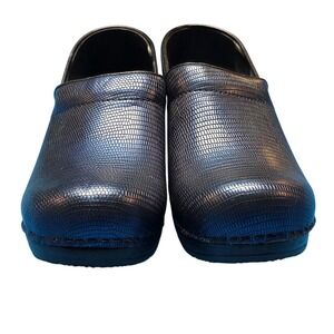Sanita Danish Design Cairo Metallic Blue Embossed Clogs Slip On Shoes Size 39